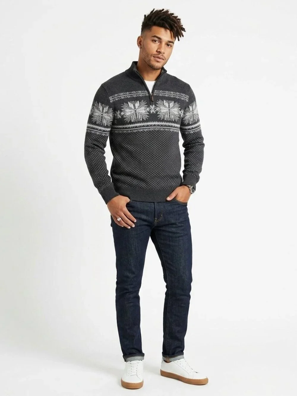 ASPEN Grey Nordic Snowflake 1/4 Zip Cotton Sweater Medium